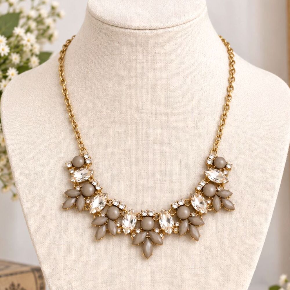 Gray Cabochon Rhinestone Statement Necklace Gold Tone Bib Floral Jewelry